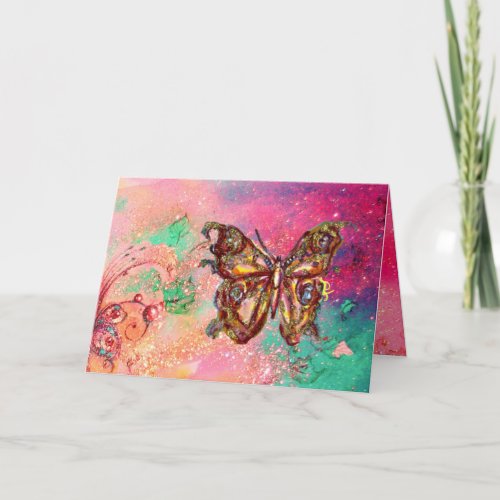 BUTTERFLY IN  GOLD SPARKLES Pink Green Teal Card