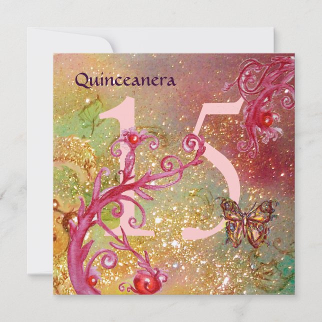 BUTTERFLY IN GOLD SPARKLES Quinceanera Birthday Invitation (Front)