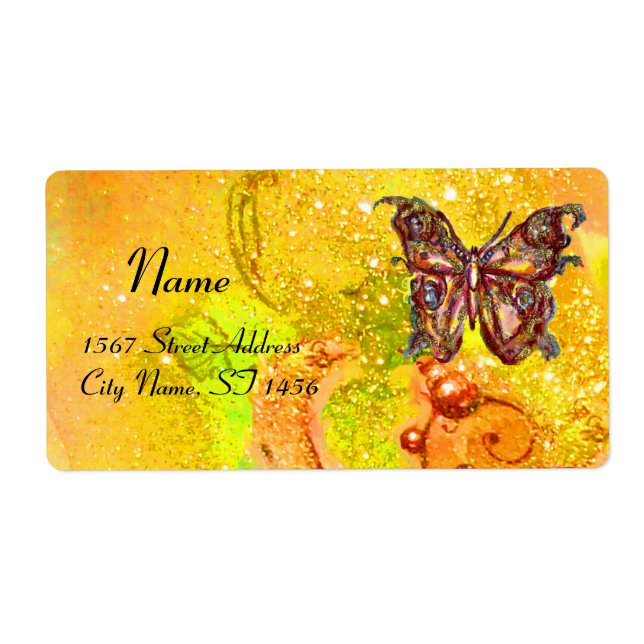 BUTTERFLY IN GOLD SPARKLES , yellow red green Label (Front)