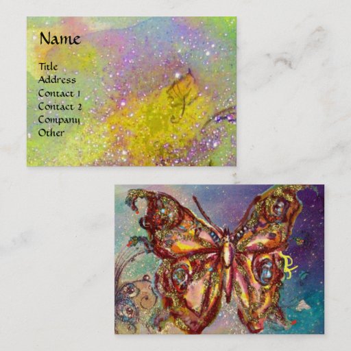Customizable BUTTERFLY IN GOLD YELLOW PURPLE GREEN SPARKLES BUSINESS CARD TEMPLATES