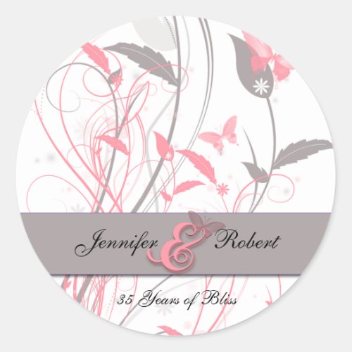 Butterfly in Honeysuckle Pink and Grey Classic Round Sticker