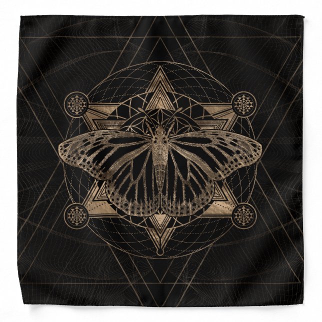 Butterfly in Sacred Geometry - Black and Gold Bandana (Front)