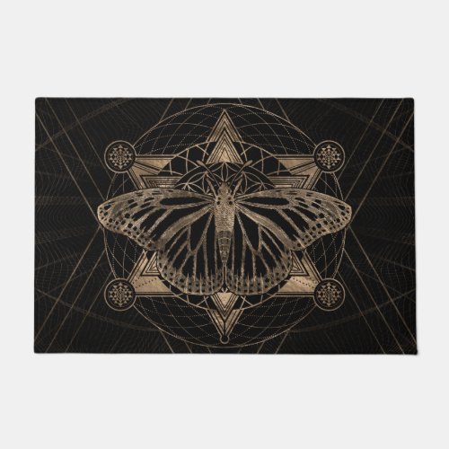 Butterfly in Sacred Geometry _ Black and Gold Doormat