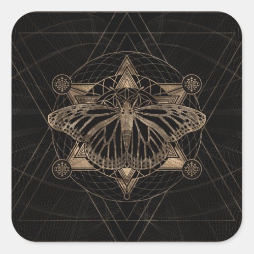 Butterfly in Sacred Geometry _ Black and Gold Square Sticker