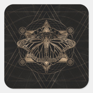 Butterfly in Sacred Geometry - Black and Gold Square Sticker