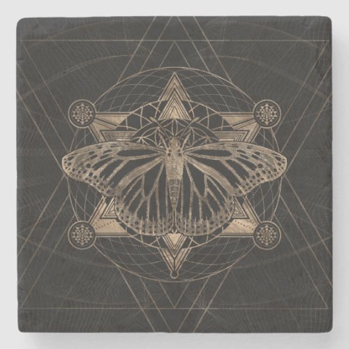 Butterfly in Sacred Geometry _ Black and Gold Stone Coaster