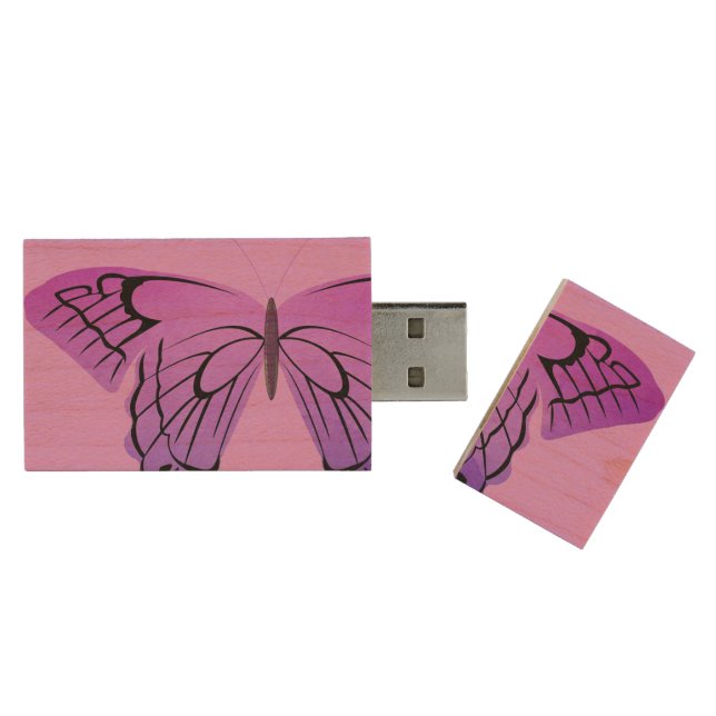 Butterfly in Shades of Purple Wood USB Flash Drive (Opened)
