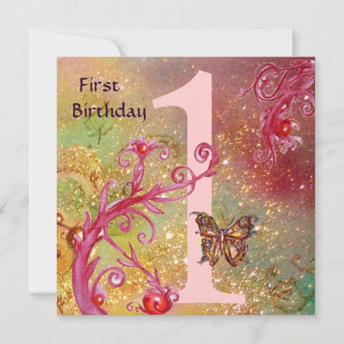 BUTTERFLY IN SPARKLES 2   First Birthday Party 1 Invitation