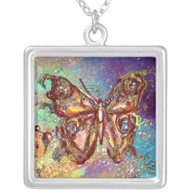 BUTTERFLY IN SPARKLES , blue green Silver Plated Necklace (Front)