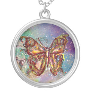 BUTTERFLY IN SPARKLES , blue Silver Plated Necklace