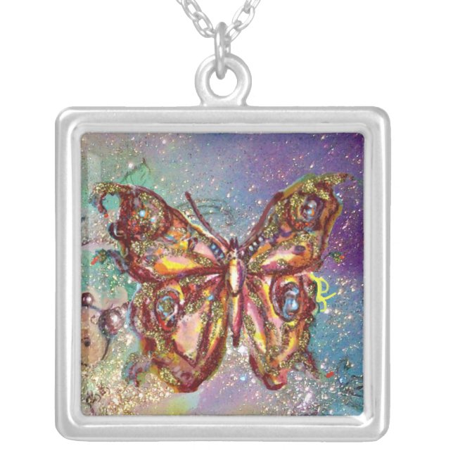 BUTTERFLY IN SPARKLES , blue Silver Plated Necklace (Front)