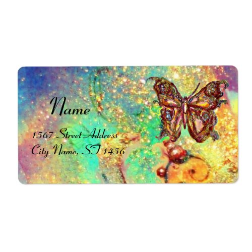 BUTTERFLY IN SPARKLES  blue yellow red green Label