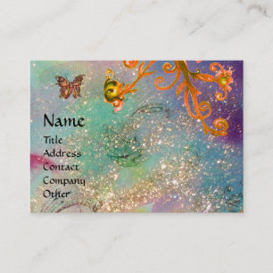 BUTTERFLY IN SPARKLES, BLUE YELLOW SWIRLS MONOGRAM BUSINESS CARD