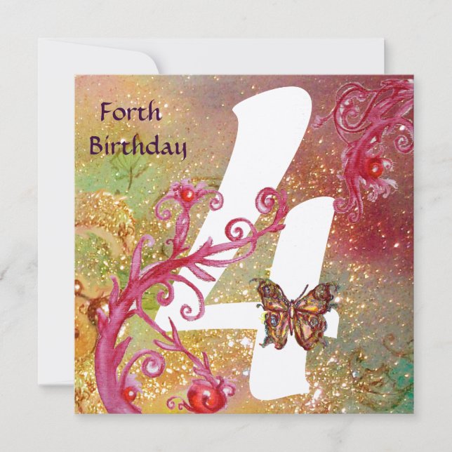 BUTTERFLY IN SPARKLES Forth Birthday Party gold Invitation (Front)
