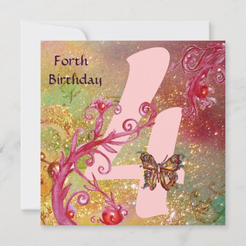 BUTTERFLY IN SPARKLES Forth Birthday Party pink Invitation