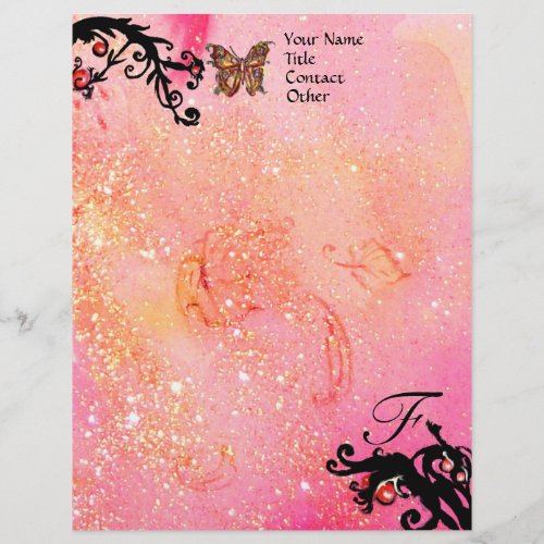 BUTTERFLY IN SPARKLES Pink Black Swirls Monogram Letterhead