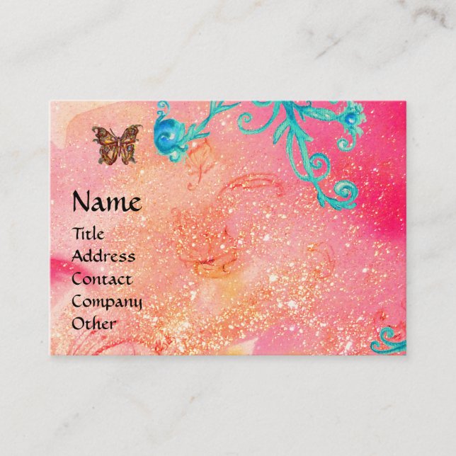 BUTTERFLY IN SPARKLES, PINK, BLUE SWIRLS MONOGRAM BUSINESS CARD (Front)