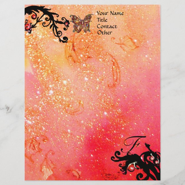 BUTTERFLY IN SPARKLES ,Pink Gold Black Monogram Letterhead (Front)