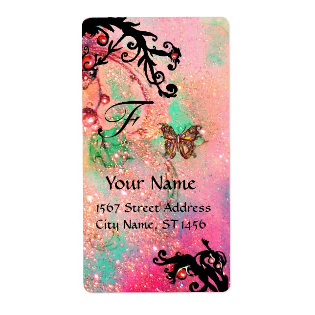 BUTTERFLY IN SPARKLES , pink green black swirls Label (Front)