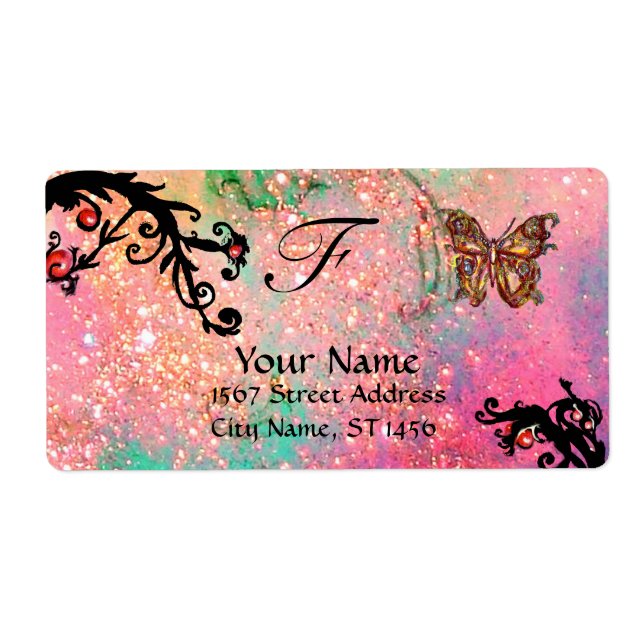 BUTTERFLY IN SPARKLES , pink green black swirls Label (Front)