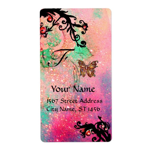 BUTTERFLY IN SPARKLES , pink green black swirls Label (Front)