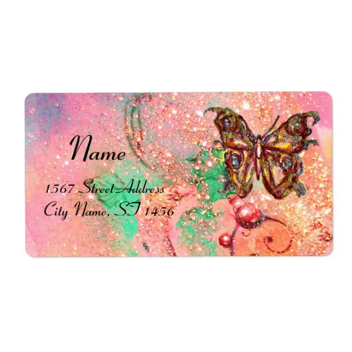BUTTERFLY IN SPARKLES  pink green Label