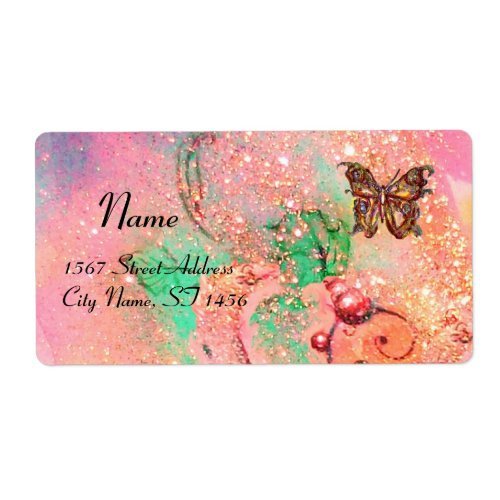 BUTTERFLY IN SPARKLES  pink green Label