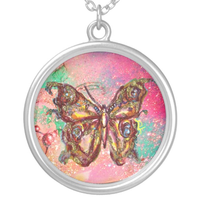 BUTTERFLY IN SPARKLES , pink  green Silver Plated Necklace (Front)