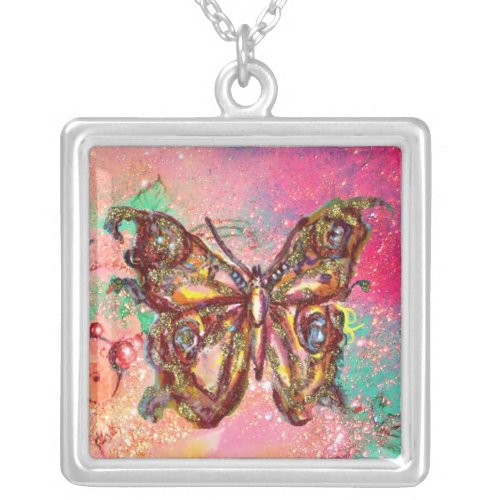 BUTTERFLY IN SPARKLES  pink  green Silver Plated Necklace