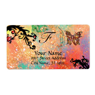 BUTTERFLY IN SPARKLES , pink red black swirls Label