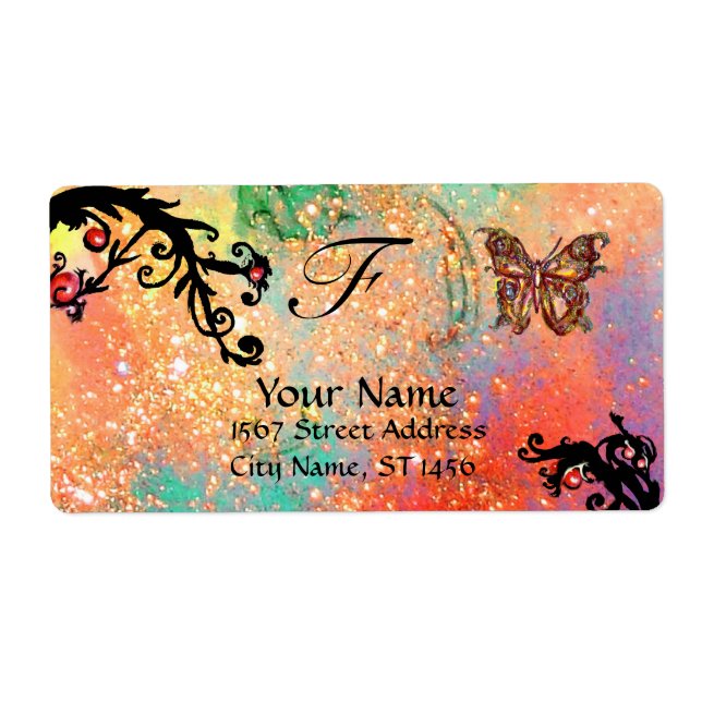 BUTTERFLY IN SPARKLES , pink red black swirls Label (Front)