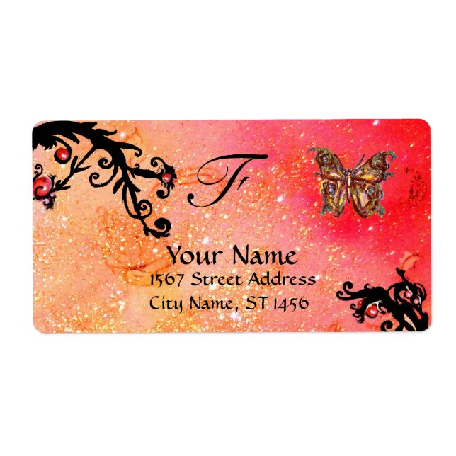 BUTTERFLY IN SPARKLES , pink red black swirls Label (Front)