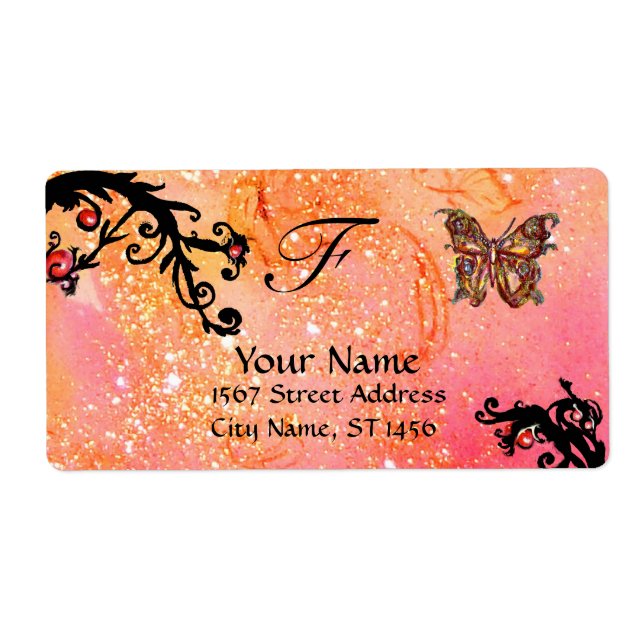 BUTTERFLY IN SPARKLES , pink red black swirls Label (Front)