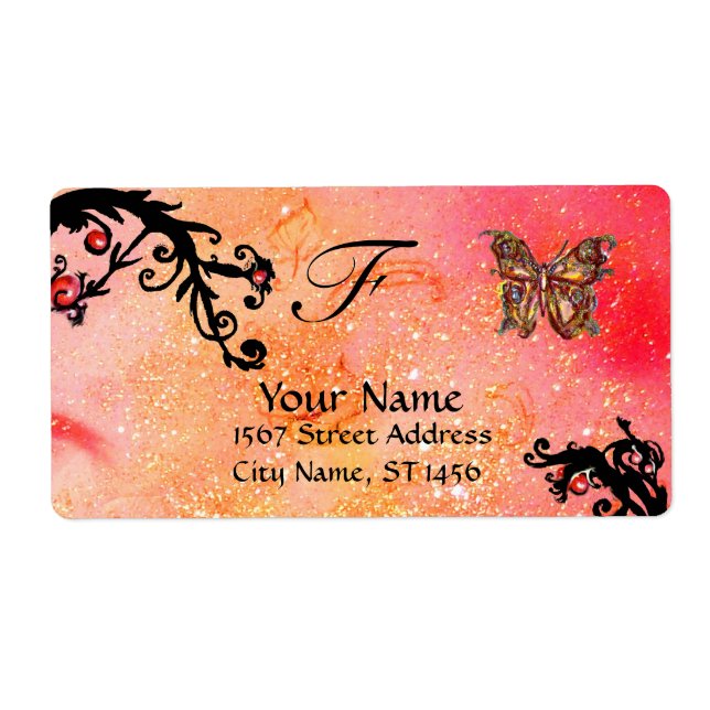 BUTTERFLY IN SPARKLES , pink red black swirls Label (Front)