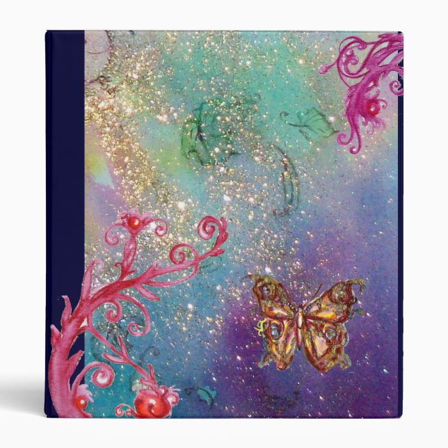 BUTTERFLY IN SPARKLES ,pink red blue green violet 3 Ring Binder (Front)