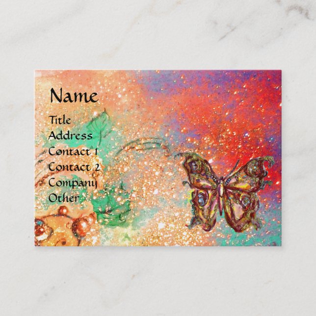 BUTTERFLY IN SPARKLES Red Green Pink Gold Eggshell Business Card (Front)