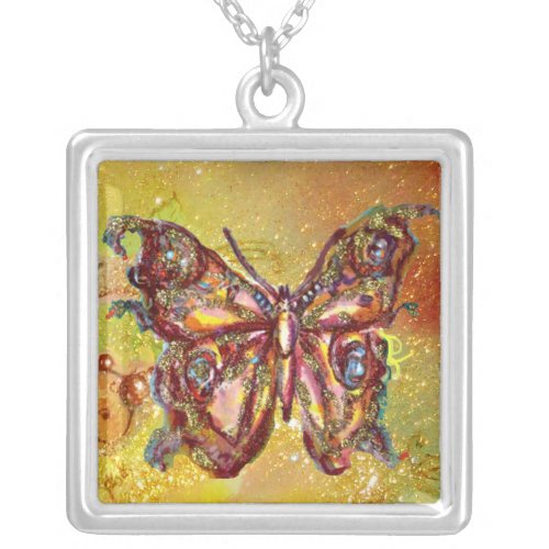 BUTTERFLY IN SPARKLES  yellow red brown Silver Plated Necklace