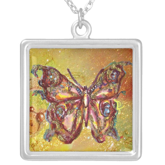 BUTTERFLY IN SPARKLES , yellow red brown Silver Plated Necklace (Front)