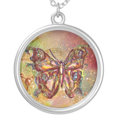 BUTTERFLY IN SPARKLES  yellow red brown Silver Plated Necklace