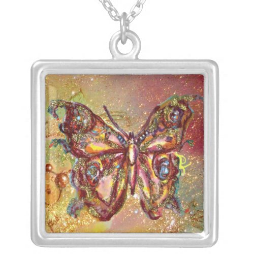 BUTTERFLY IN SPARKLES  yellow red brown Silver Plated Necklace