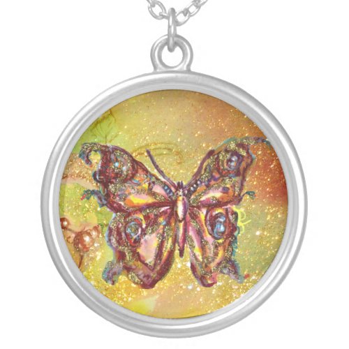 BUTTERFLY IN SPARKLES  yellow red brown Silver Plated Necklace