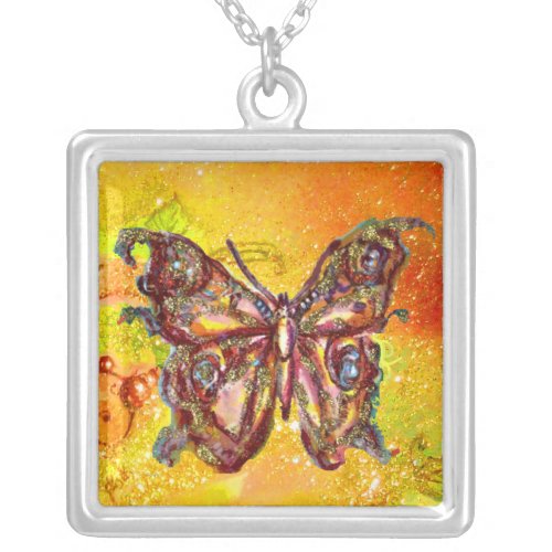 BUTTERFLY IN SPARKLES  yellow red Silver Plated Necklace