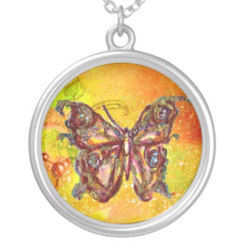 BUTTERFLY IN SPARKLES  yellow red Silver Plated Necklace