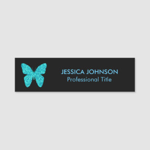 Butterfly in Turquoise Blue on Black Background Name Tag
