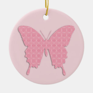 Butterfly in wallpaper print - light pink ceramic ornament