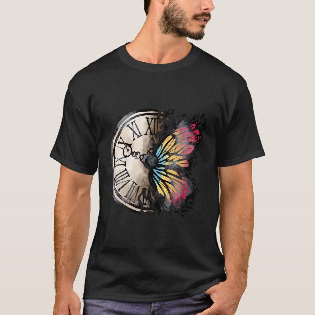 Butterfly-Inspired Wall Clock Graceful Timekeeping T-Shirt (Front)