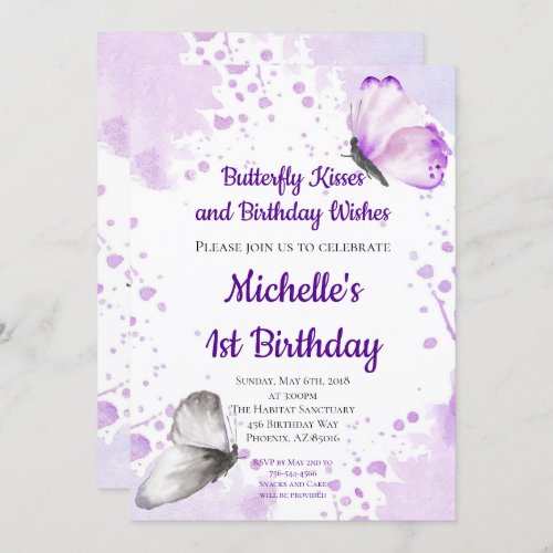 Butterfly Invitation First 1st Birthday Purple Invitation