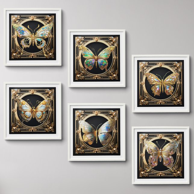 Butterfly iridescent gold retro frame wall peel and stick photo tile (Front Set)