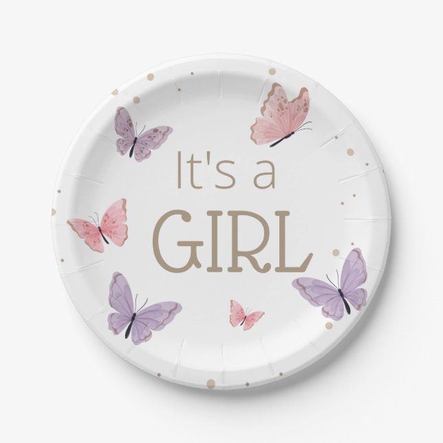Butterfly It's a GIRL Baby Shower Paper Plates (Front)