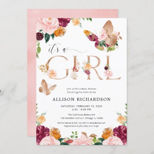 Butterfly Its a Girl rose gold pink floral baby Invitation